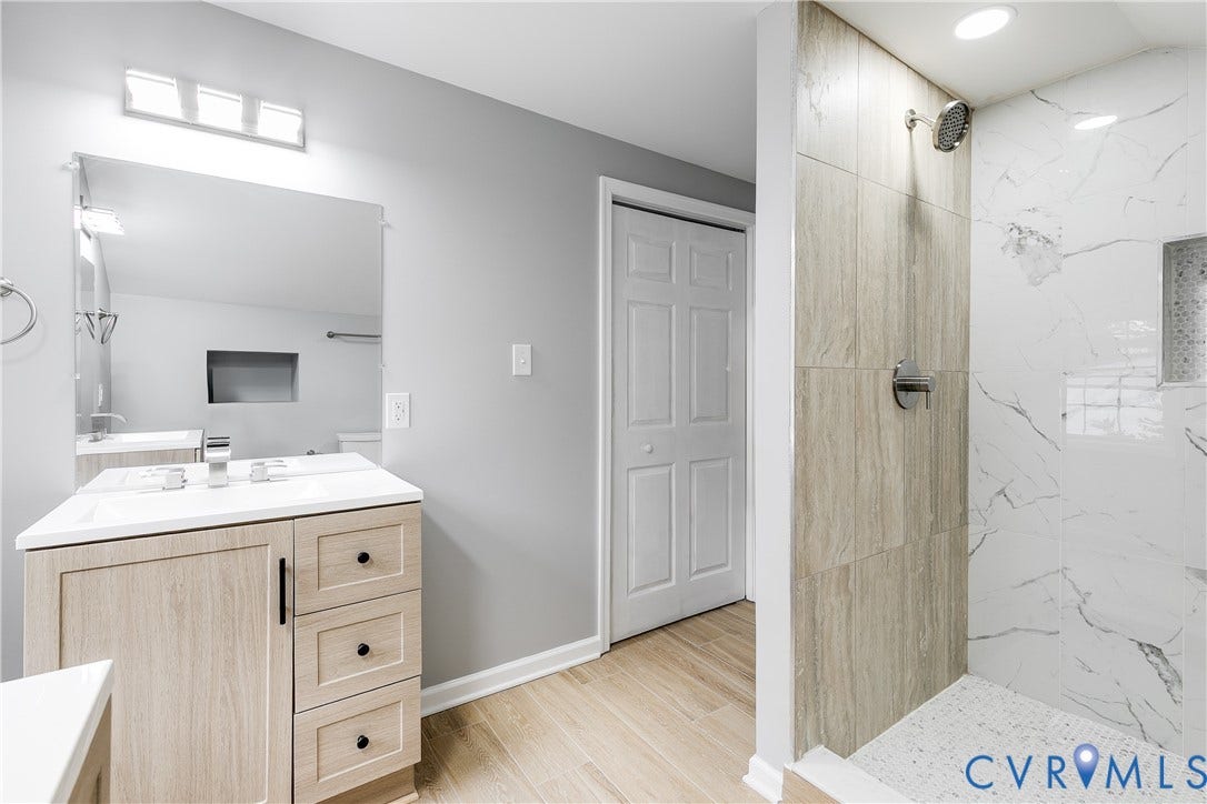 2012 Bailey Avenue, Richmond, VA 23231 Vanity with wood-finish cabinetry, integrated sink, and modern faucet