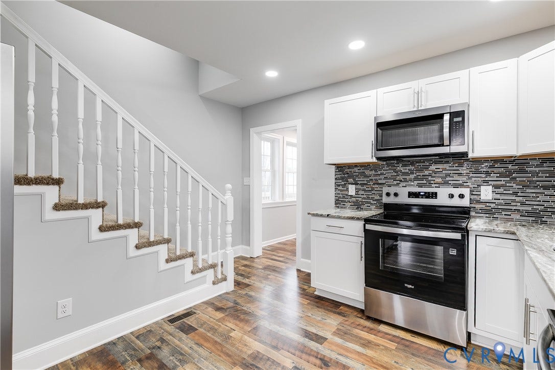 2012 Bailey Avenue, Richmond, VA 23231 Kitchen featuring white cabinetry, stone countertops, a tile backsplash, and stainless steel appliances