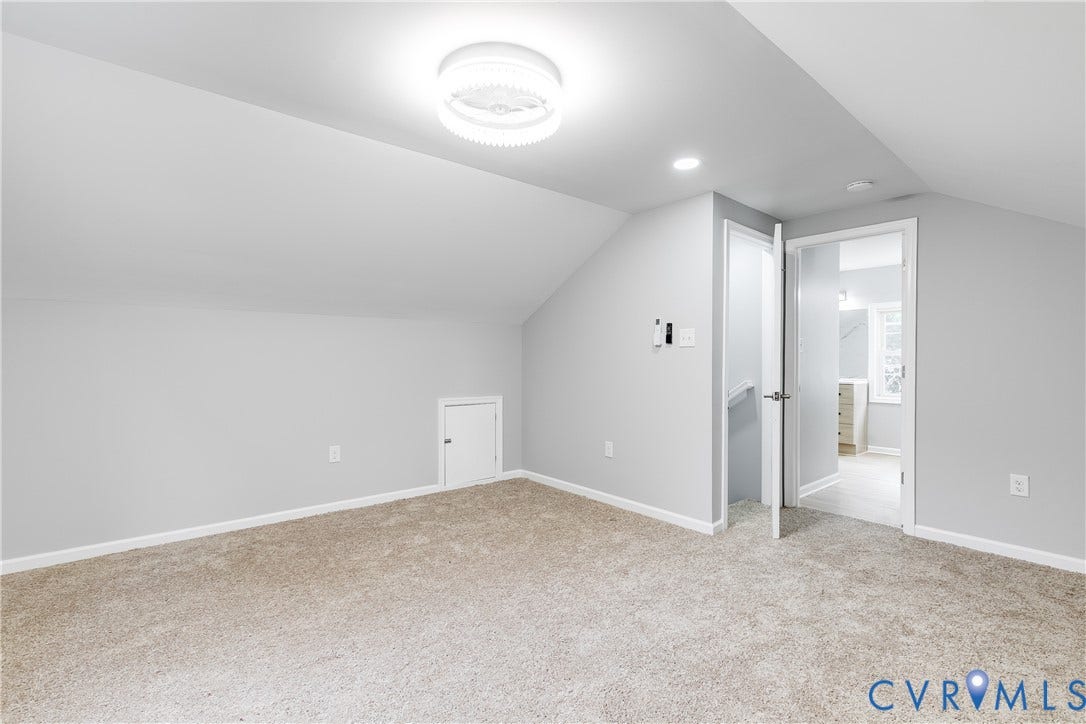 2012 Bailey Avenue, Richmond, VA 23231 Vaulted ceiling with recessed lighting and a central ceiling light fixture, neutral carpet, and a permanent access panel