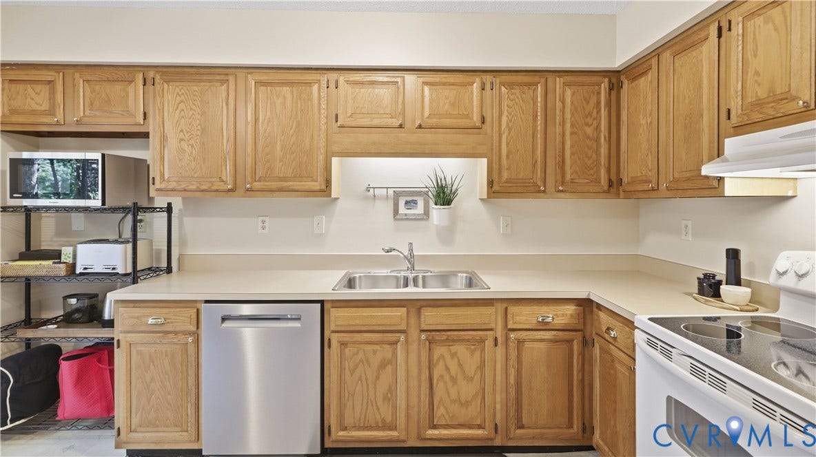 2203 Rockwater Terrace, Henrico, VA 23238 Kitchen featuring wood cabinetry, light-toned countertops, a stainless steel dishwasher, and a double basin sink