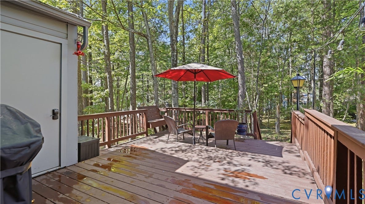 2203 Rockwater Terrace, Henrico, VA 23238 Expansive wood-finish deck with integrated privacy fencing, mature tree backdrop, and permanent exterior lighting