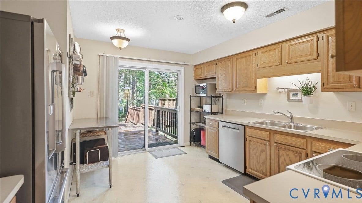 2203 Rockwater Terrace, Henrico, VA 23238 Kitchen featuring wood cabinetry, stainless steel dishwasher, double basin sink, and a sliding glass door leading to an outdoor deck