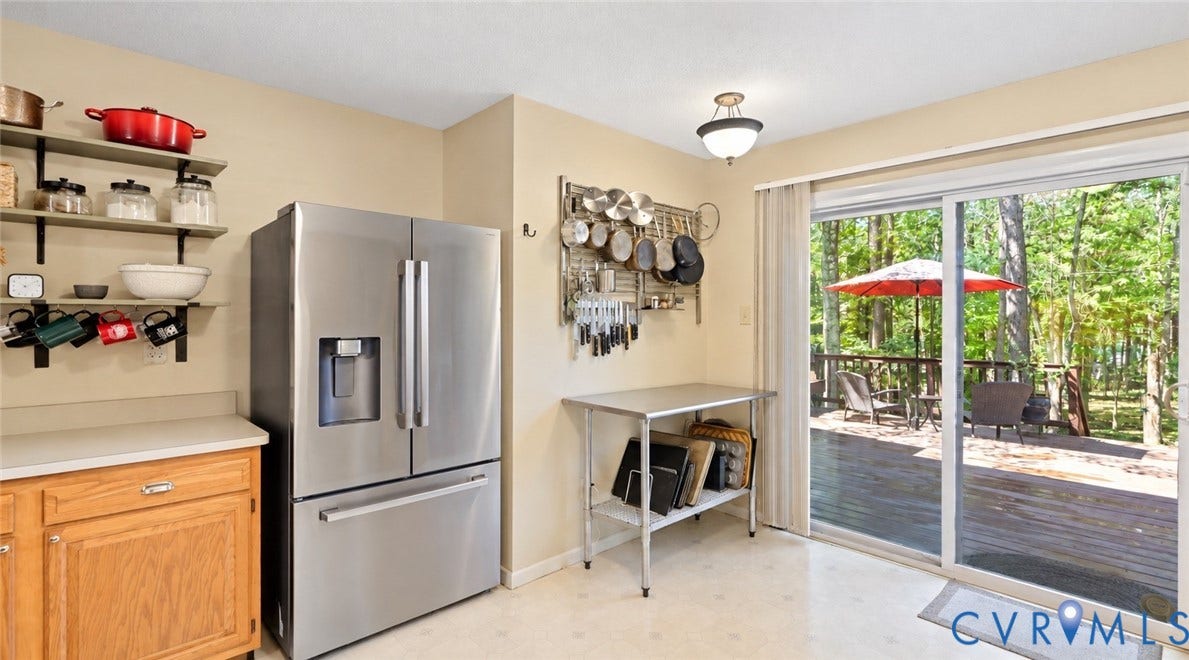 2203 Rockwater Terrace, Henrico, VA 23238 Stainless steel French door refrigerator, wood cabinetry, open shelving, and sliding glass doors leading to an outdoor deck