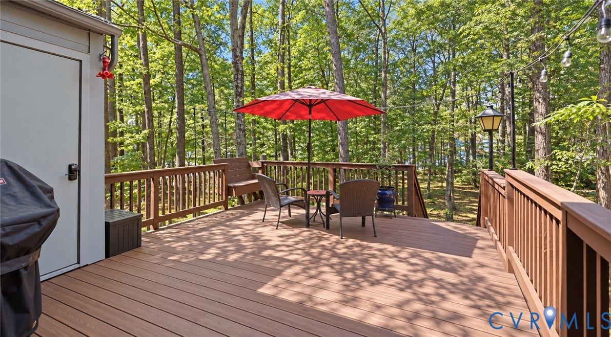 2203 Rockwater Terrace, Henrico, VA 23238 Expansive wood-finish deck with integrated railing, surrounded by mature trees, featuring a built-in outdoor lighting fixture