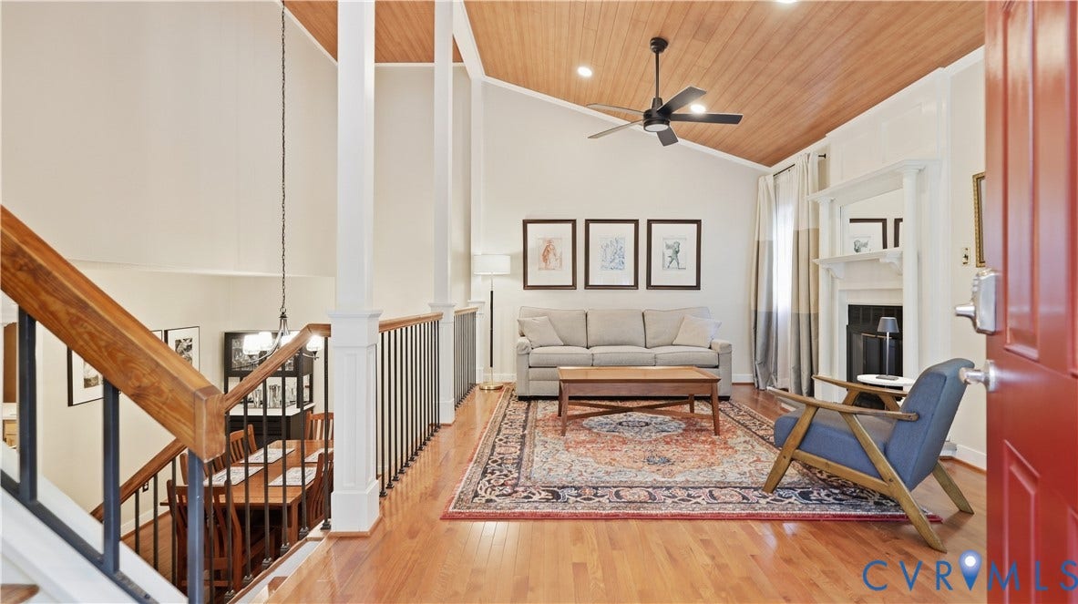 2203 Rockwater Terrace, Henrico, VA 23238 Hardwood flooring throughout, vaulted wood-paneled ceiling, and a prominent white mantelpiece over the fireplace