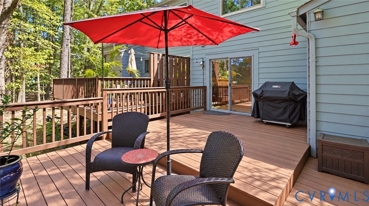 2203 Rockwater Terrace, Henrico, VA 23238 Multi-level wood-finish deck with wood railings, sliding glass door access, and exterior wall-mounted lighting