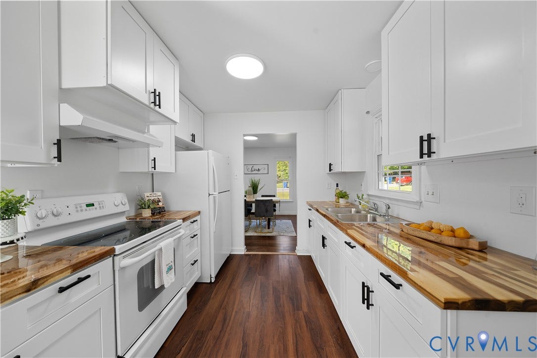 8414 Whirlaway Drive, Matoaca, Midlothian, VA 23112 Galley kitchen featuring white cabinetry, wood-finish countertops, stainless steel double sink, white electric range, and wood-finish flooring