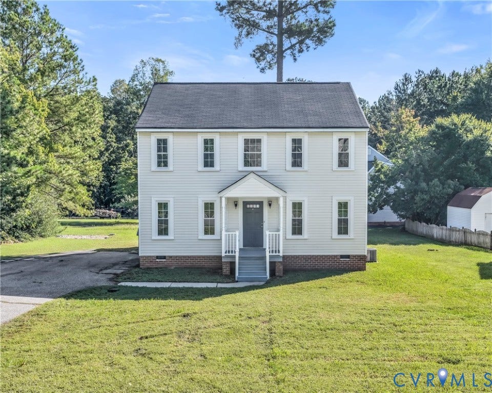 8414 Whirlaway Drive, Matoaca, Midlothian, VA 23112 Two-story residence with a covered entry, white siding, and a dark roof