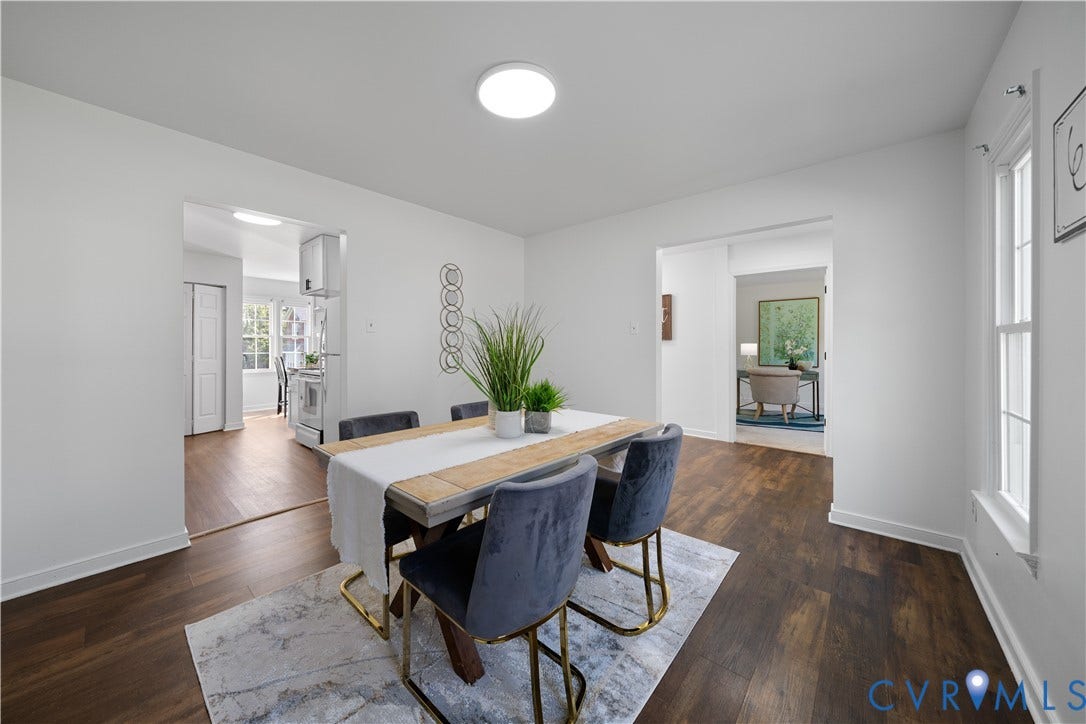 8414 Whirlaway Drive, Matoaca, Midlothian, VA 23112 Dining area with dark wood-finish flooring, white walls, and a ceiling-mounted light fixture