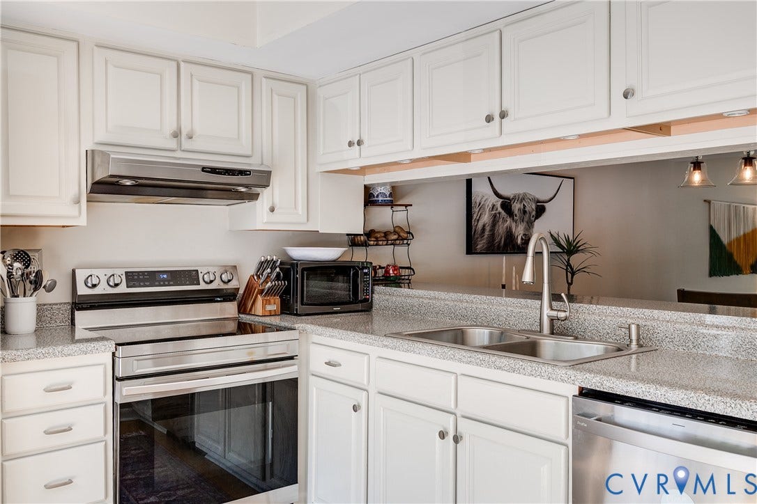 Kitchen featuring white shaker-style cabinetry, a stainless steel electric range, and a double basin sink