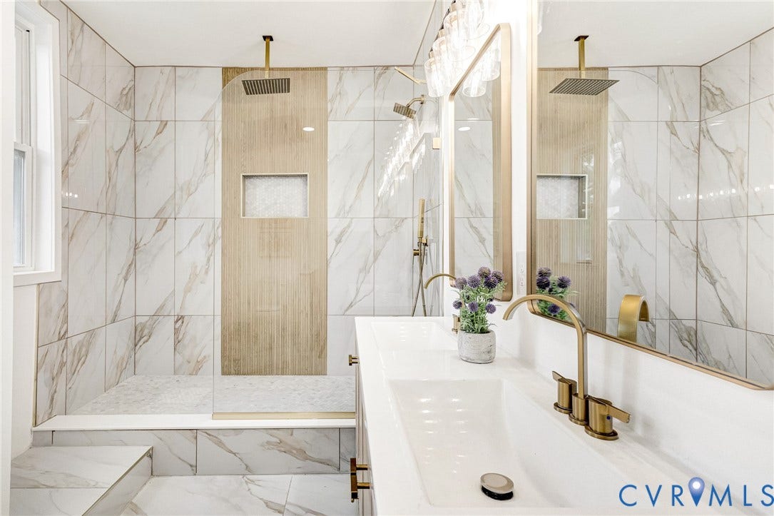503 Pollock Street, Richmond, VA 23222 Walk-in shower with full-height tile surround, built-in niche, and ceiling-mounted showerhead