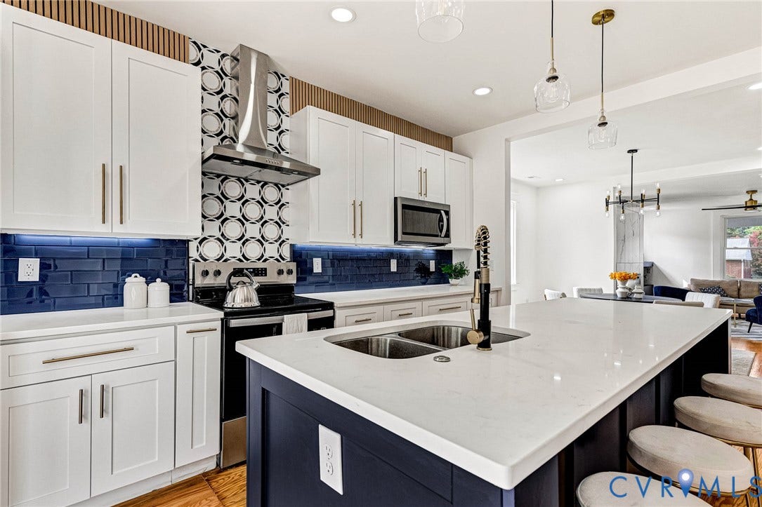 503 Pollock Street, Richmond, VA 23222 Gourmet kitchen featuring a large island, stainless steel appliances, contemporary cabinetry, and custom tile backsplash