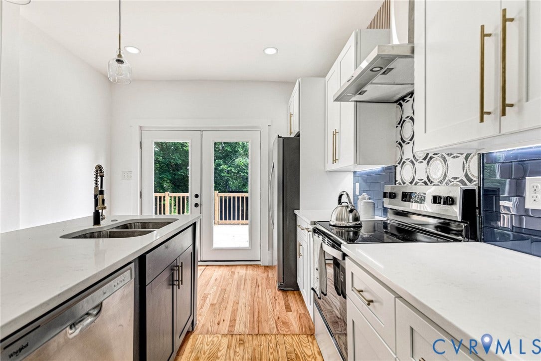 503 Pollock Street, Richmond, VA 23222 Contemporary kitchen featuring white cabinetry, light-toned countertops, hardwood flooring, and a decorative tile backsplash