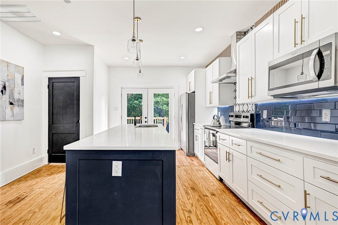 503 Pollock Street, Richmond, VA 23222 Modern kitchen featuring white cabinetry, a blue subway tile backsplash, stainless steel appliances, a center island with a white countertop, and wood-finish flooring