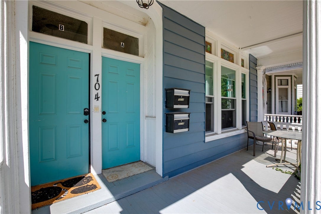 704 Chimborazo Boulevard, Chimborazo, Richmond, VA 23223 Covered front porch featuring paneled entry doors, transom windows, and exterior siding
