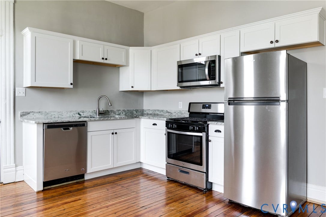 704 Chimborazo Boulevard, Chimborazo, Richmond, VA 23223 Kitchen featuring white shaker-style cabinetry, stainless steel appliances, speckled stone countertops, and wood-finish flooring