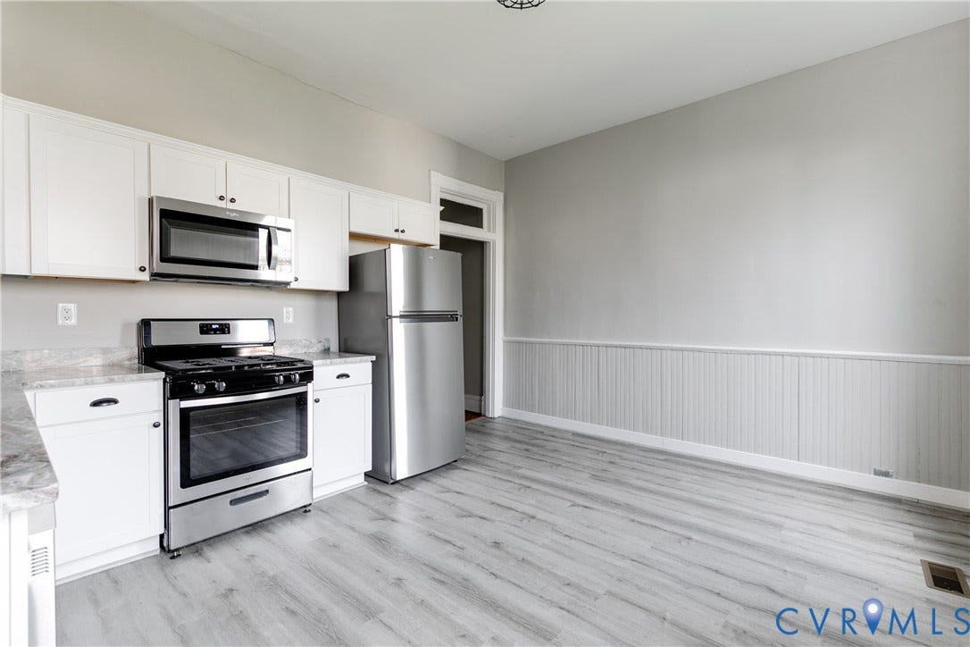 704 Chimborazo Boulevard, Chimborazo, Richmond, VA 23223 Kitchen featuring white cabinetry, stainless steel appliances, light-toned countertops, wood-finish flooring, and wainscoting