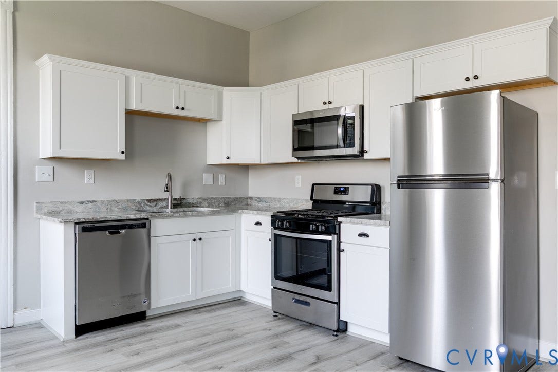 704 Chimborazo Boulevard, Chimborazo, Richmond, VA 23223 Kitchen featuring white cabinetry, light-toned countertops, stainless steel appliances, and wood-finish flooring