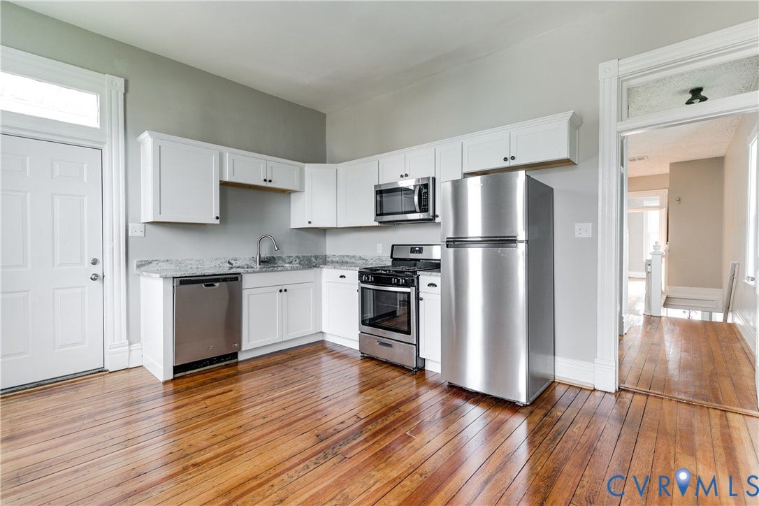 704 Chimborazo Boulevard, Chimborazo, Richmond, VA 23223 Kitchen featuring wood-finish flooring, white cabinetry, stainless steel appliances, and light-colored countertops
