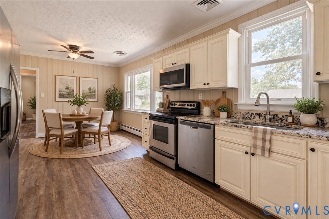 6227 Ellis Avenue, Henrico, VA 23228 Virtually staged. Bright, open kitchen and dining area featuring cream cabinetry with hardware accents, stainless steel appliances, granite countertops, and a gas cooktop