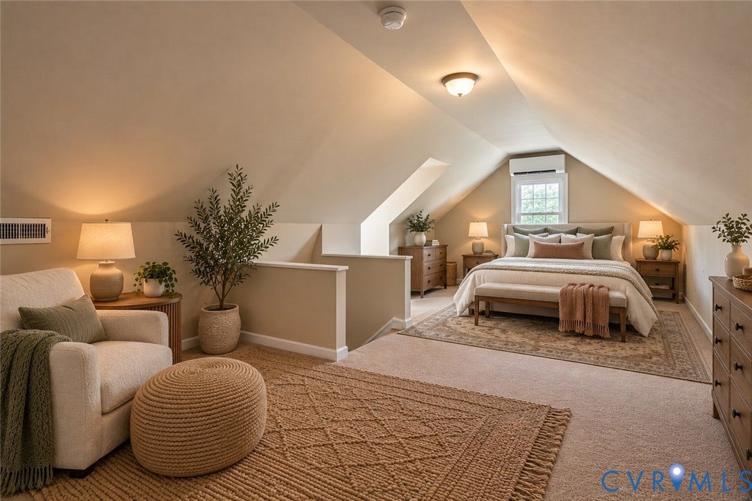 6227 Ellis Avenue, Henrico, VA 23228 Virtually staged. Carpeted flooring throughout, sloped ceiling architecture, window with trim, built-in half-wall, and wall-mounted climate control unit