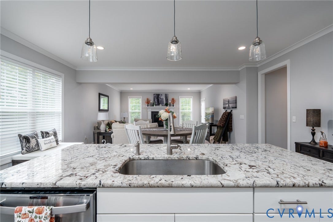 12303 Beech Hall Circle, Manakin Sabot, VA 23103 Spacious kitchen island featuring a stainless steel sink, contemporary pendant lighting, and white cabinetry with brushed nickel hardware