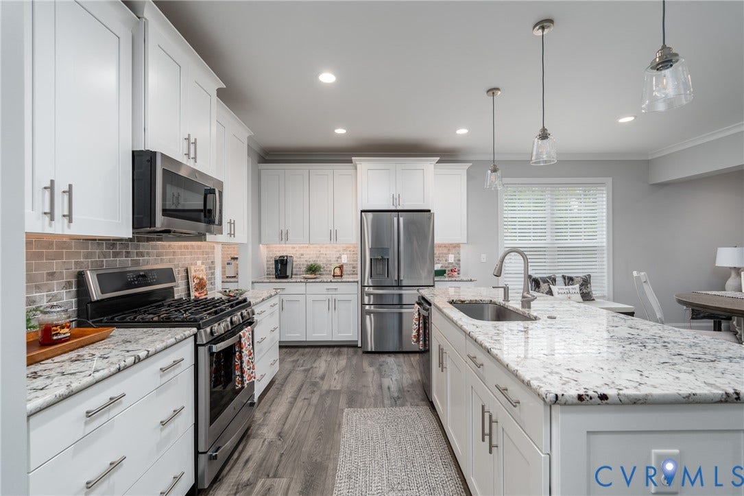 12303 Beech Hall Circle, Manakin Sabot, VA 23103 Kitchen featuring white shaker-style cabinetry, granite countertops, stainless steel appliances, a tile backsplash, and wood-finish flooring