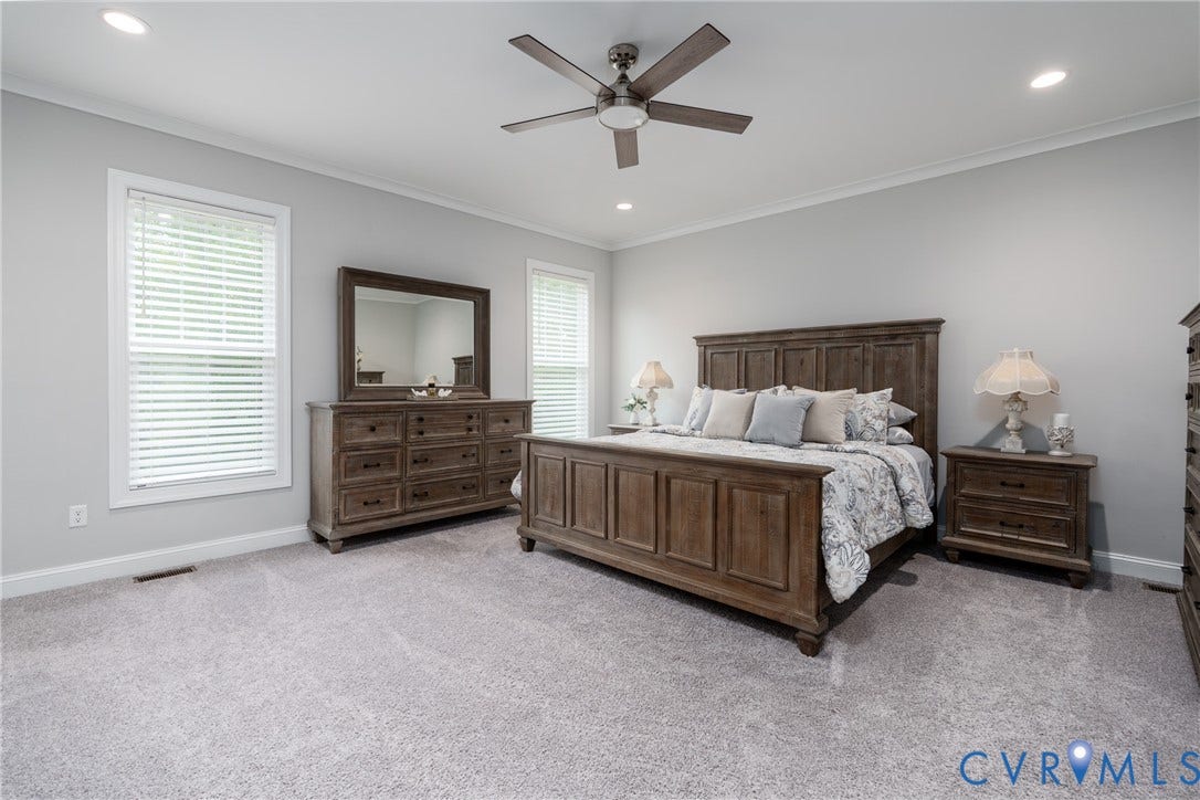 12303 Beech Hall Circle, Manakin Sabot, VA 23103 Recessed lighting, crown molding, ceiling fan, and carpet flooring