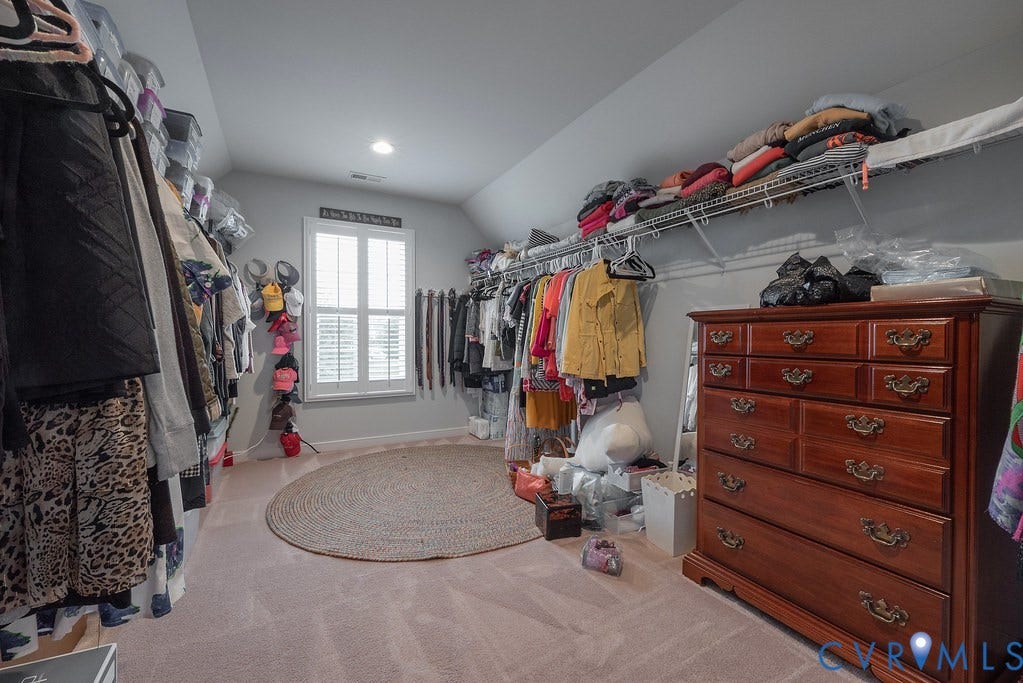 6301 Broad Sky Circle, Quiet, Mechanicsville, VA 23111 Walk-in closet featuring extensive built-in shelving, carpet flooring, a window with plantation shutters, and sloped ceiling details