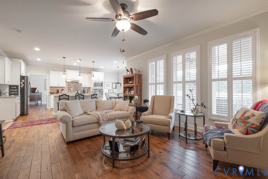 6301 Broad Sky Circle, Quiet, Mechanicsville, VA 23111 Open-concept living area with wood-finish flooring, recessed lighting, and a ceiling fan