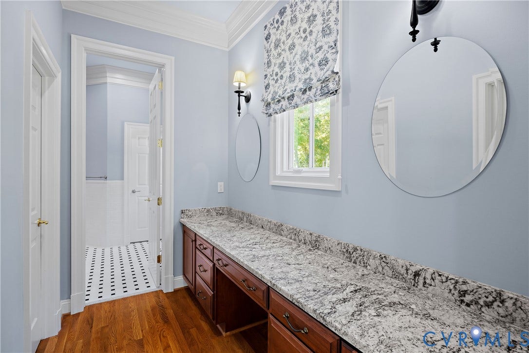 628 Cedar Run Road, Hermitage Country Club Area, Manakin Sabot, VA 23103 Dressing room with make-up counter and two walk-in closets leads to the primary bath.