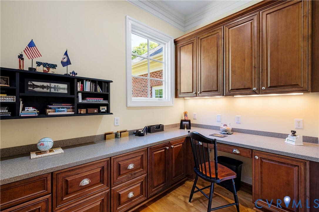 628 Cedar Run Road, Hermitage Country Club Area, Manakin Sabot, VA 23103 A surprise just off the kitchen is this second private office with a built in desk and cabinets for storage.