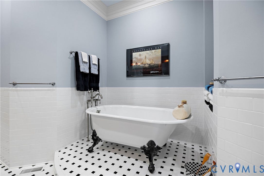 628 Cedar Run Road, Hermitage Country Club Area, Manakin Sabot, VA 23103 White & black tile floor, subway tile floors, water closet, a claw-footed freestanding soaking tub plus stall shower