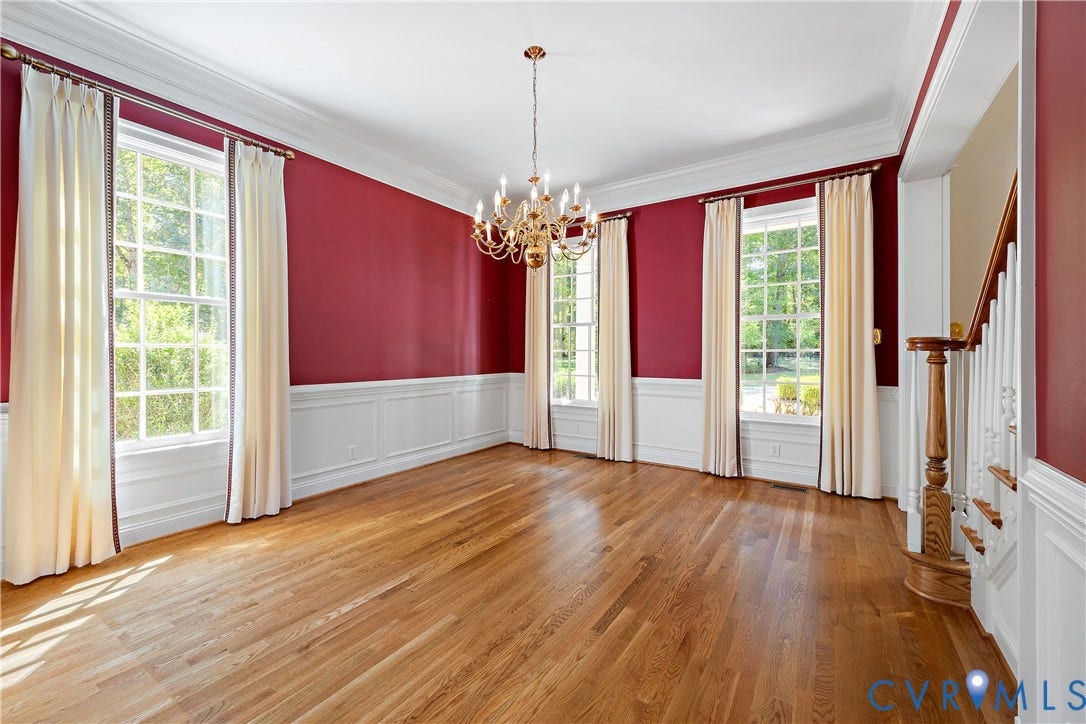 628 Cedar Run Road, Hermitage Country Club Area, Manakin Sabot, VA 23103 Formal dining room features handsome moulding and three windows making this a bright and cheerful room.