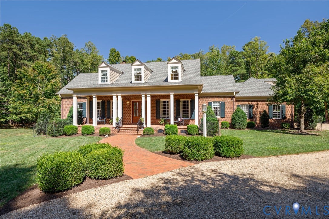 628 Cedar Run Road, Hermitage Country Club Area, Manakin Sabot, VA 23103 Approached by a winding gravel driveway with front parking area for guests and brick sidewalk