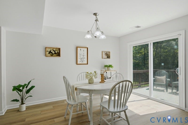6012 Regal Crest Drive, Kings Grove, Chesterfield, VA 23832 Wood-finish flooring, white walls, overhead lighting, and white sliding glass doors opening to an outdoor deck