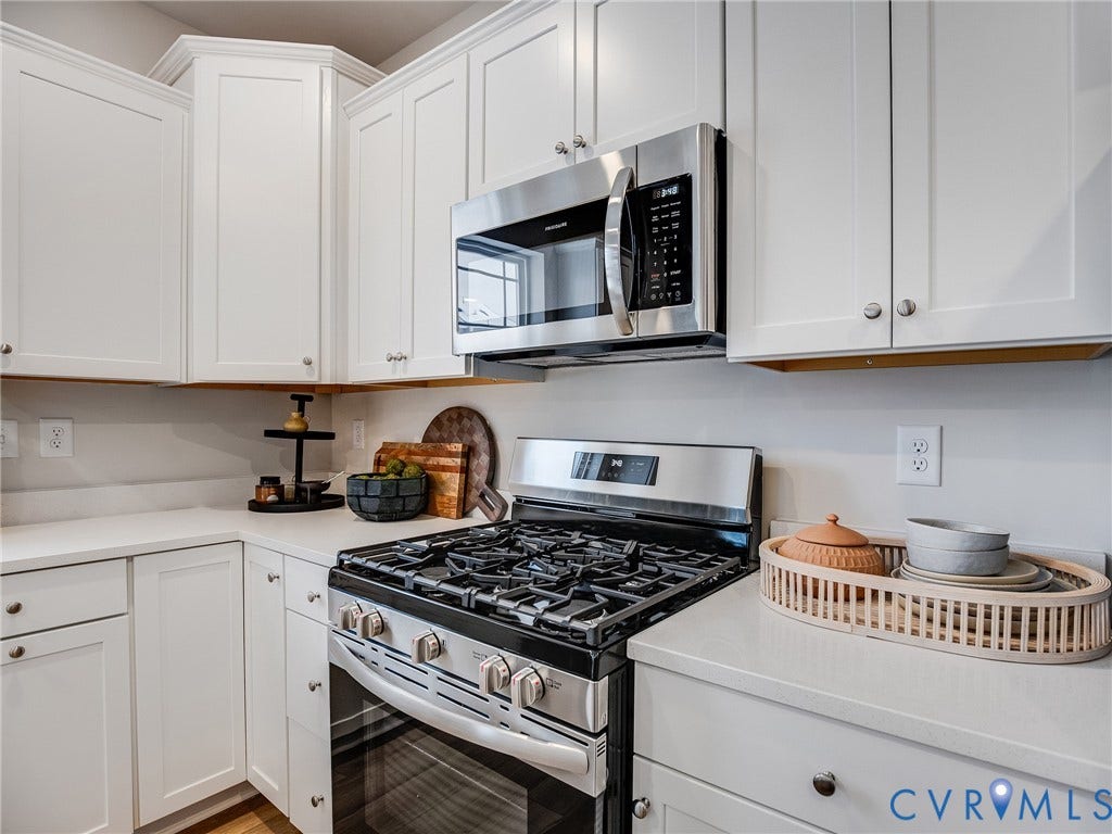 3724 Larimar Lane, Everstone, Richmond, VA 23223 Kitchen featuring white shaker-style cabinetry, stainless steel oven with gas cooktop, stainless steel microwave, and light-toned countertops