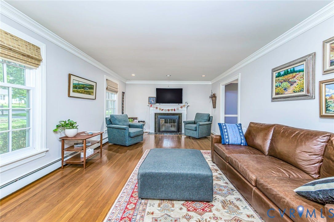 10309 Collinwood Drive, Henrico, VA 23238 Living Room with hardwood flooring, crown molding, recessed lighting and wood burning fireplace