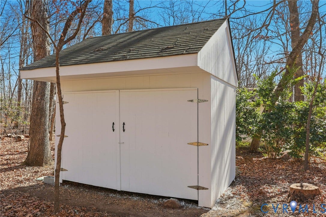 3264 Sherwood Ridge Way, Powhatan, VA 23139 White siding structure featuring a gable roof, an exterior door with glass paneling, two windows, and a wooden deck