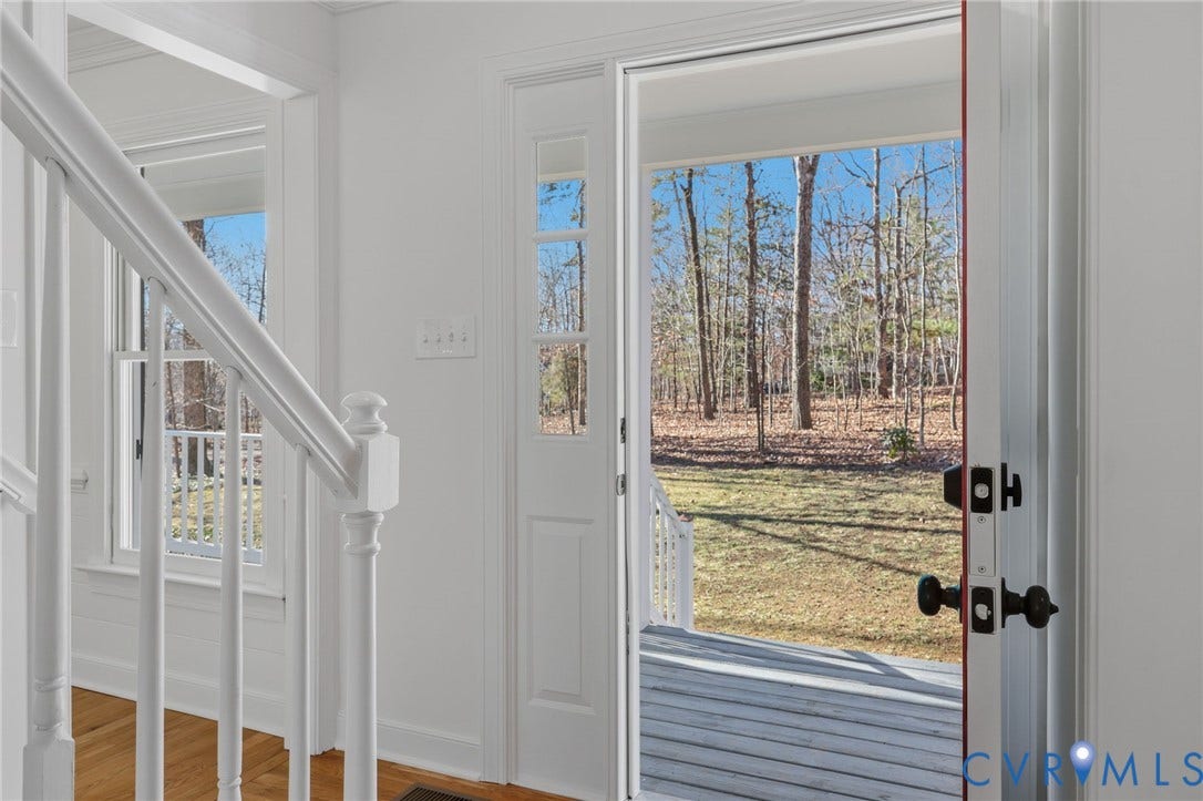 3264 Sherwood Ridge Way, Powhatan, VA 23139 Hardwood flooring, painted white staircase, white trim, transom window, and a door with multiple window panes
