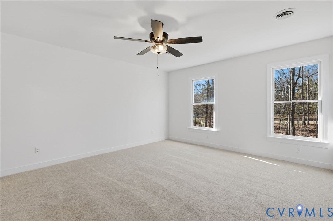 3264 Sherwood Ridge Way, Powhatan, VA 23139 Bright and spacious room with abundant natural light from dual windows, neutral carpeting throughout, and a ceiling fan with integrated lighting