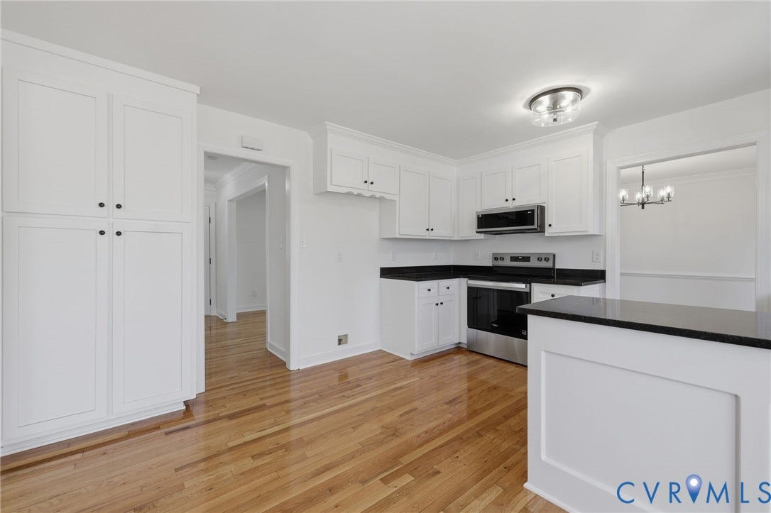 3264 Sherwood Ridge Way, Powhatan, VA 23139 Bright, open kitchen featuring white cabinetry, stainless steel appliances, and a black countertop island with pendant lighting