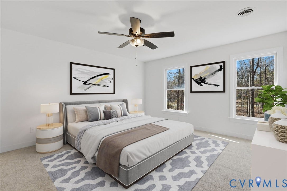 3264 Sherwood Ridge Way, Powhatan, VA 23139 Neutral-toned carpet flooring, white painted walls, ceiling fan with integrated lighting, and multiple doorways