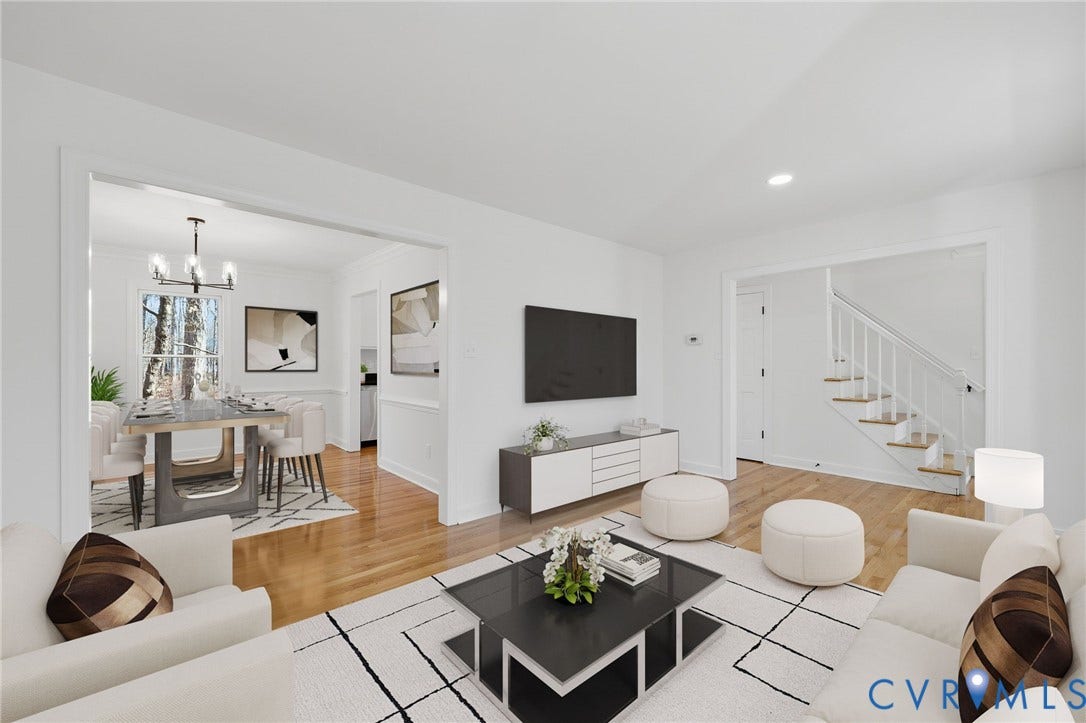 3264 Sherwood Ridge Way, Powhatan, VA 23139 Hardwood flooring throughout, bright white walls, recessed ceiling lighting, and a visible staircase with white balusters