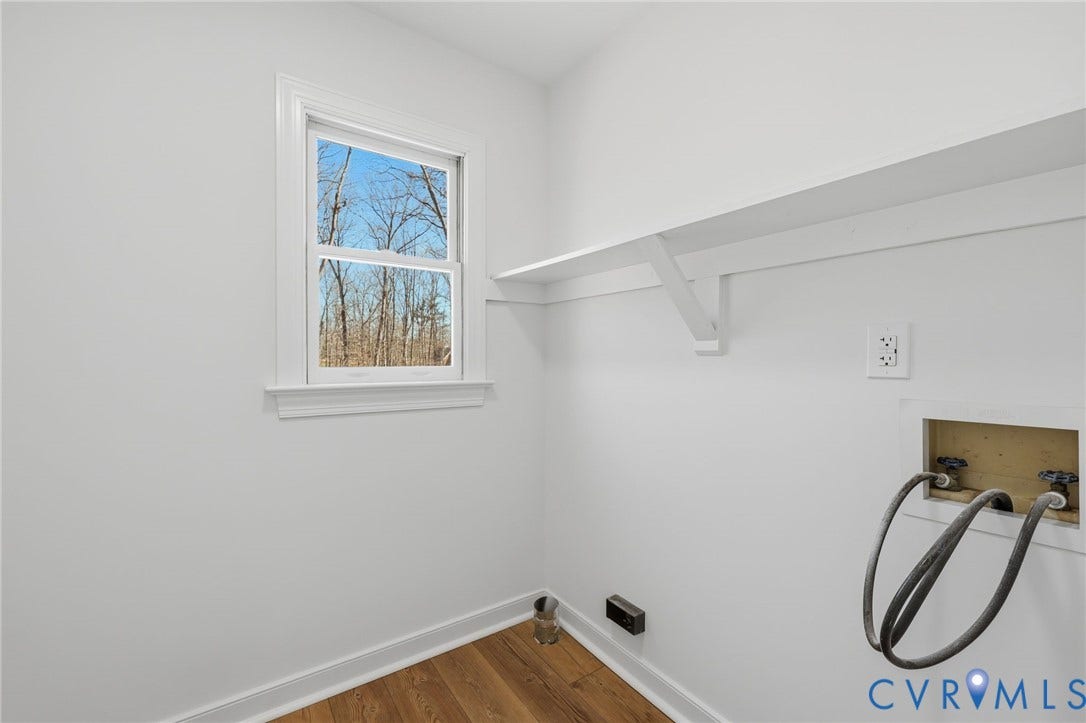 3264 Sherwood Ridge Way, Powhatan, VA 23139 White walls, window with outdoor scenery, built-in shelving, wood-finish flooring, and utility hookups
