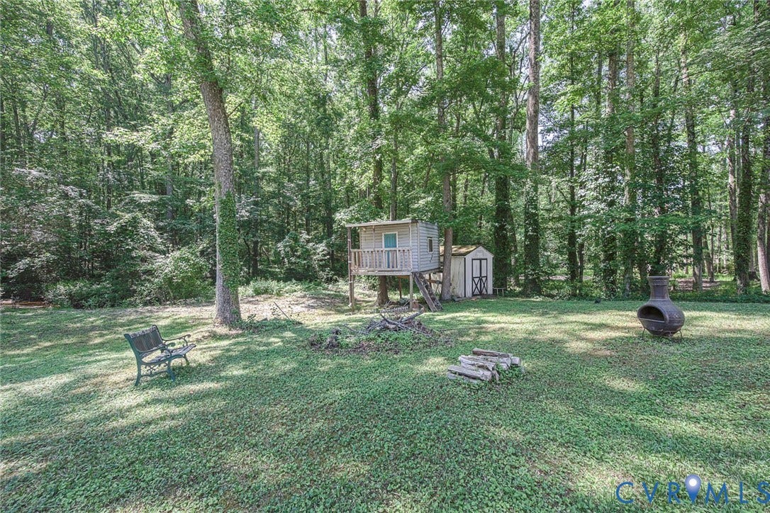 Expansive backyard featuring a treehouse, storage shed, and mature trees