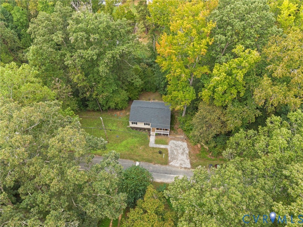 6626 Jackson Road, Quinton, VA 23141 An aerial perspective highlights the home's wooded, 0.57-acre lot and peaceful surroundings.