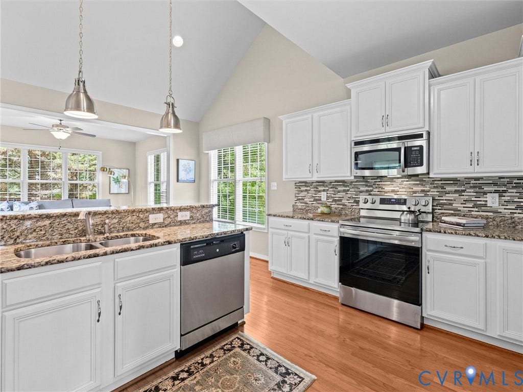 1663 Centerville Parke Lane, The Parke At Centerville, Manakin Sabot, VA 23103 Kitchen featuring white cabinetry, stainless steel appliances, dual basin sink, granite countertops, and wood-finish flooring