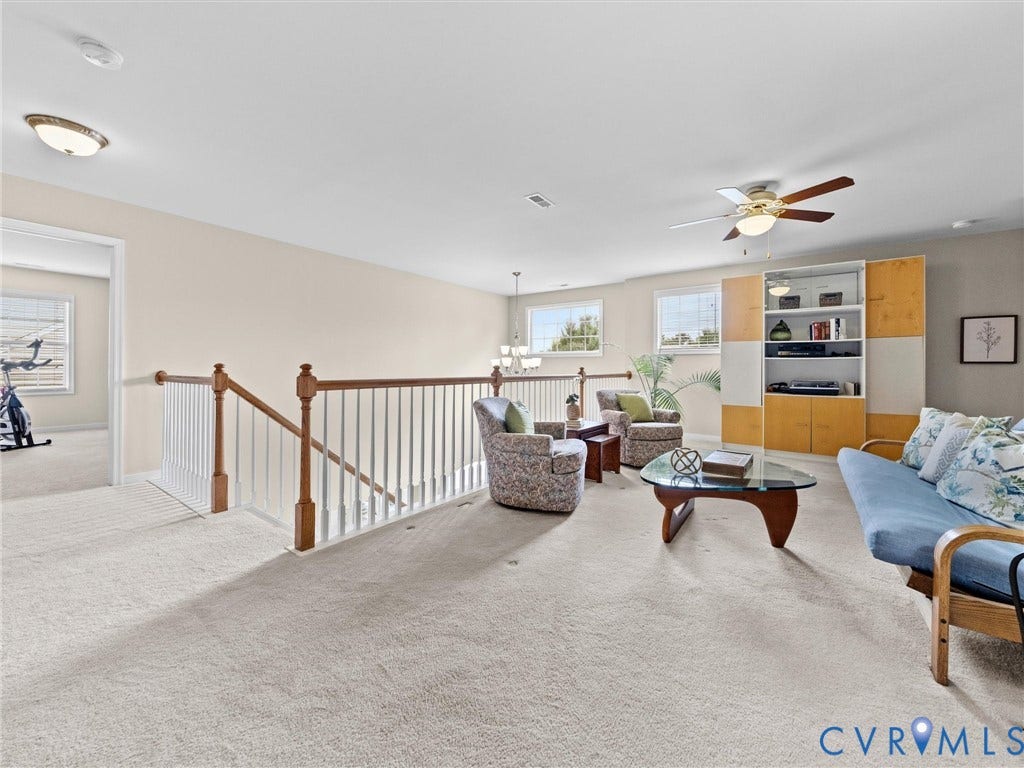 1663 Centerville Parke Lane, The Parke At Centerville, Manakin Sabot, VA 23103 Carpeted loft area with multiple windows, a ceiling fan, and built-in shelving