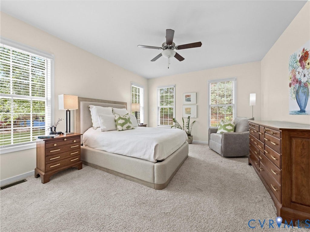 1663 Centerville Parke Lane, The Parke At Centerville, Manakin Sabot, VA 23103 Soft neutral carpet flooring, multiple windows, a ceiling fan, and light-toned walls